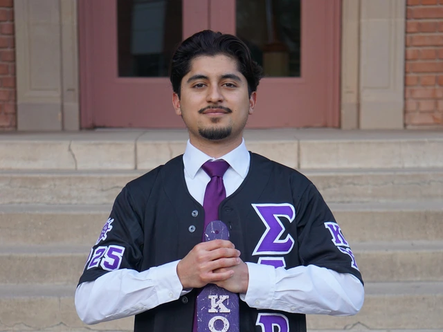 Student wearing greek letters, standing in front of building