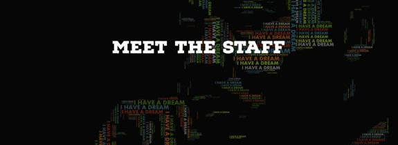 Meet the staff in white letters against a black background and a green and red word cloud