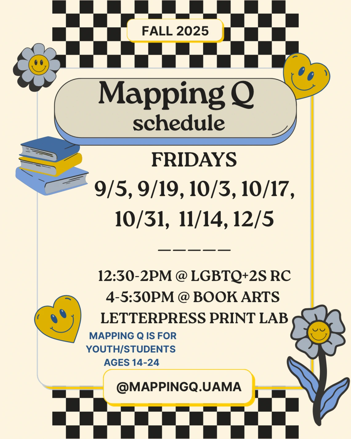 checker print flyer with dates of mapping q events. Alt text to be updated