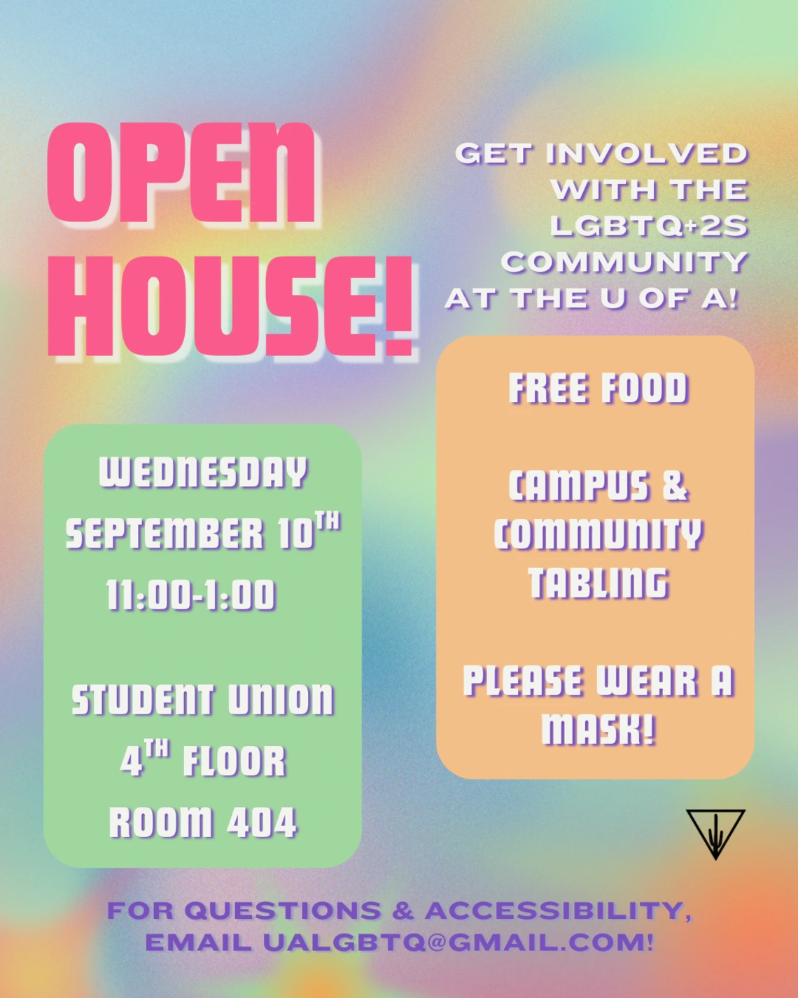 Gradient, color flyer for the LGBTQ+ Resource center open house on 9/10/25 from 11-1