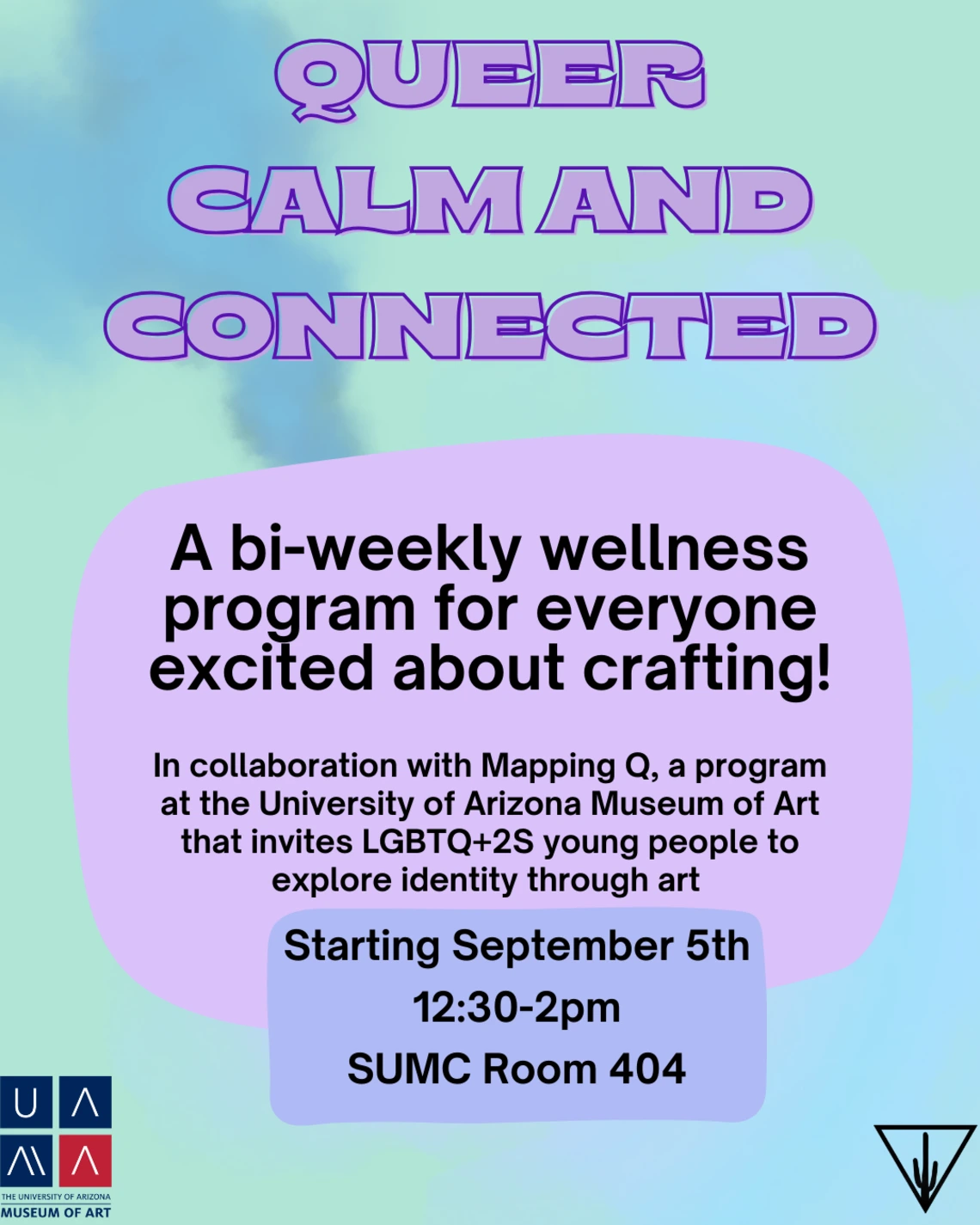 purple and blue flyer for queer calm connected event