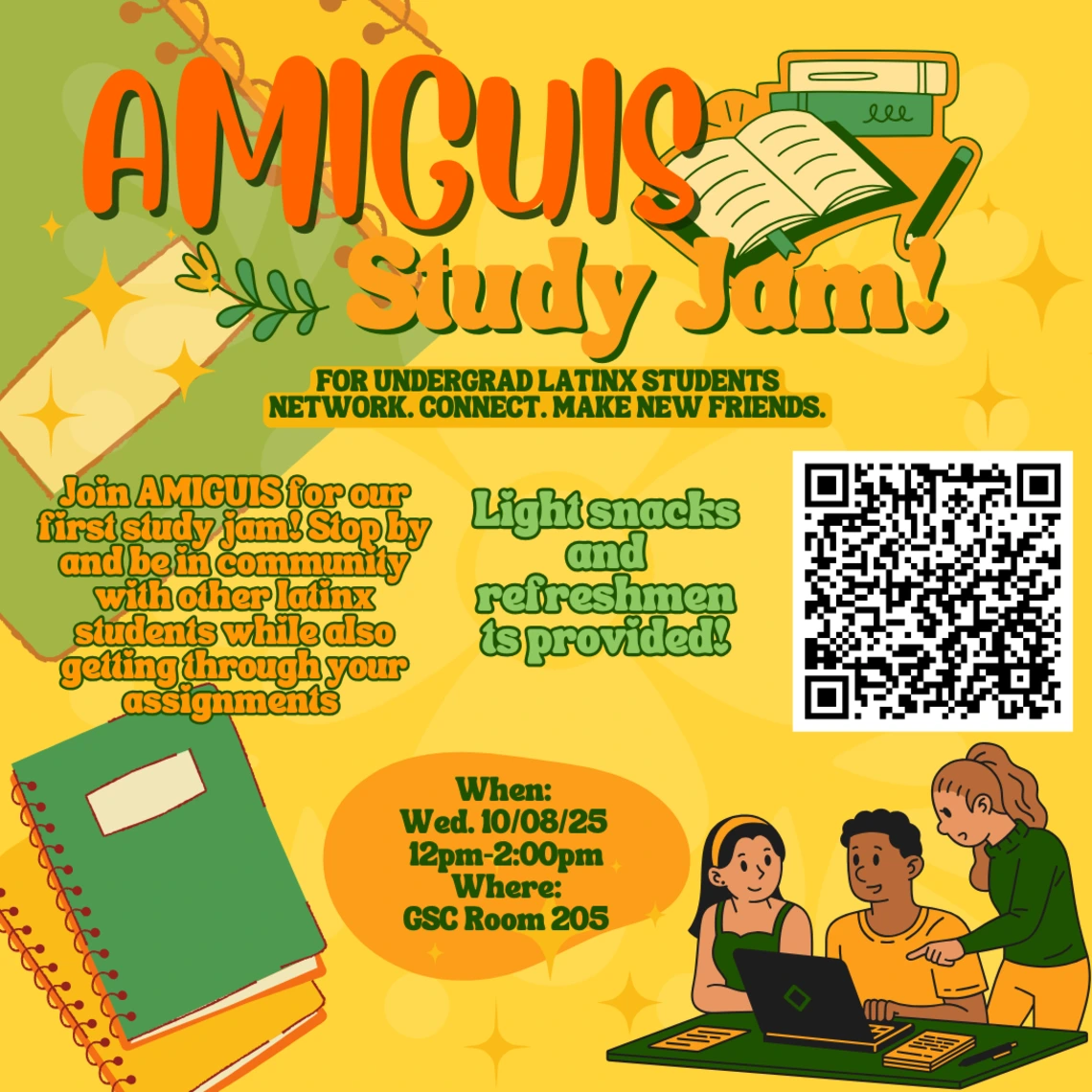 yellow and orange flyer with journals and books on it, image of 3 students looking at computer