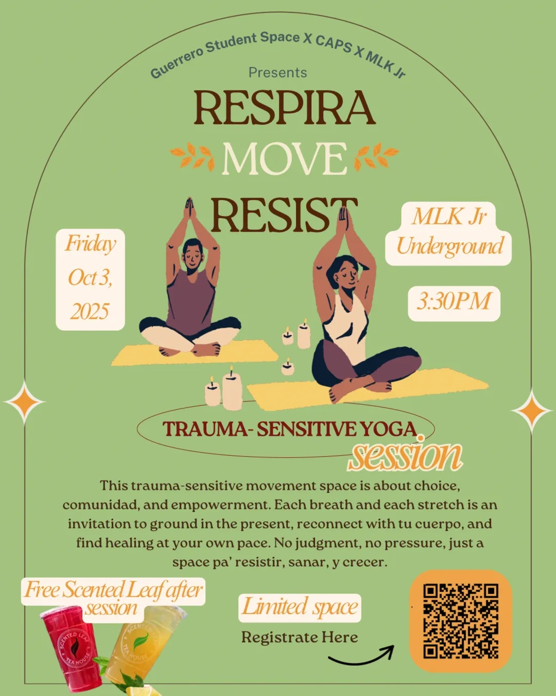 Green flyer, image of 2 individuals on yoga mats in a yoga pose