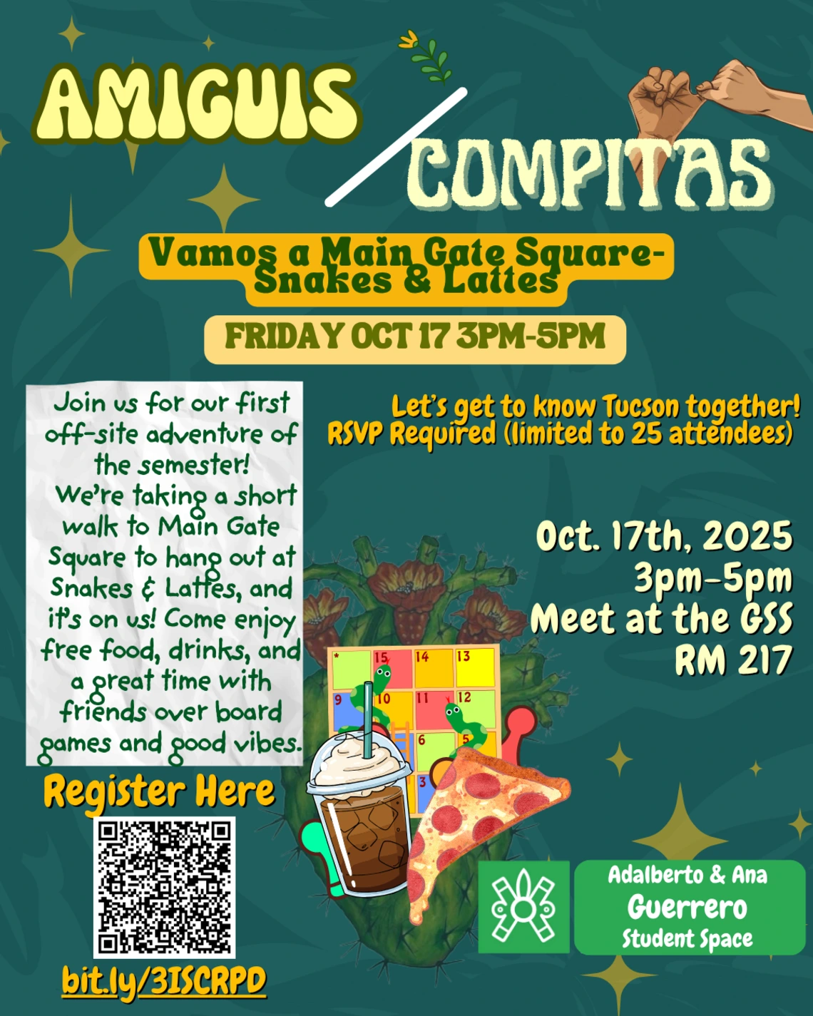 Green flyer with image of 2 hands holding pinkies, text that says vamos a main gate square