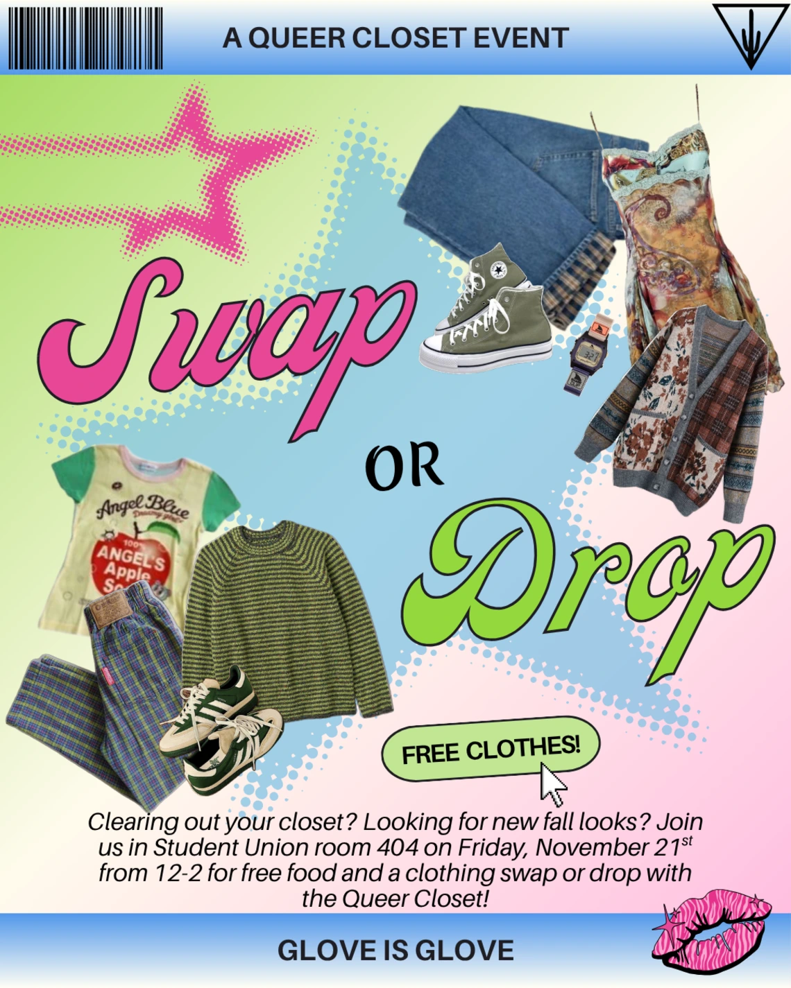 [image description]   green and pink ombre background with a big y2k style blue star and a smaller pink one. there are cutout images of clothes in the top right and bottom left corner, and the whole design mimics an early 2000s magazine.