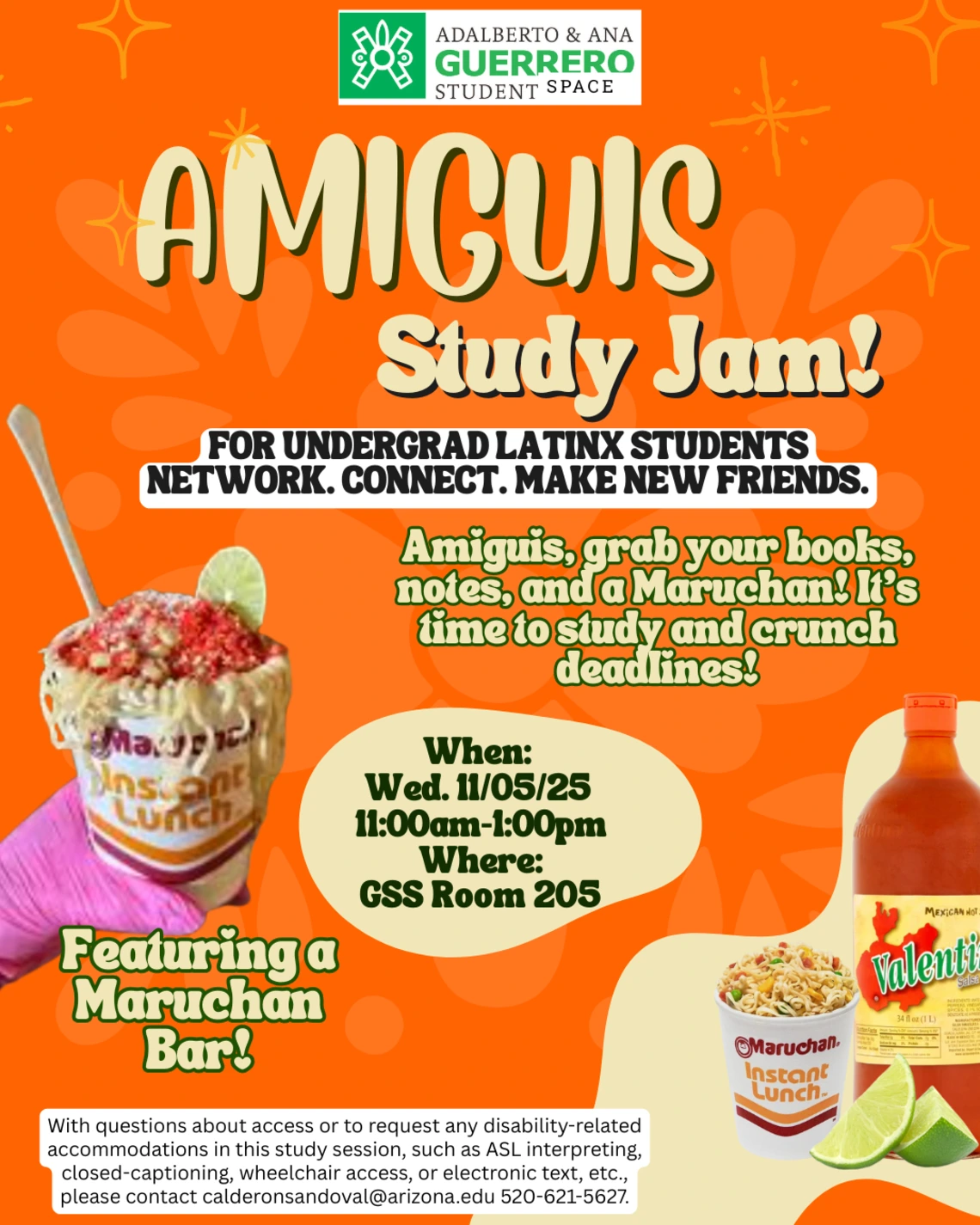 Amiguis Study Jam featuring a maruchan bar! Wednesday November 5th 11am-1pm in Chavez Building 205