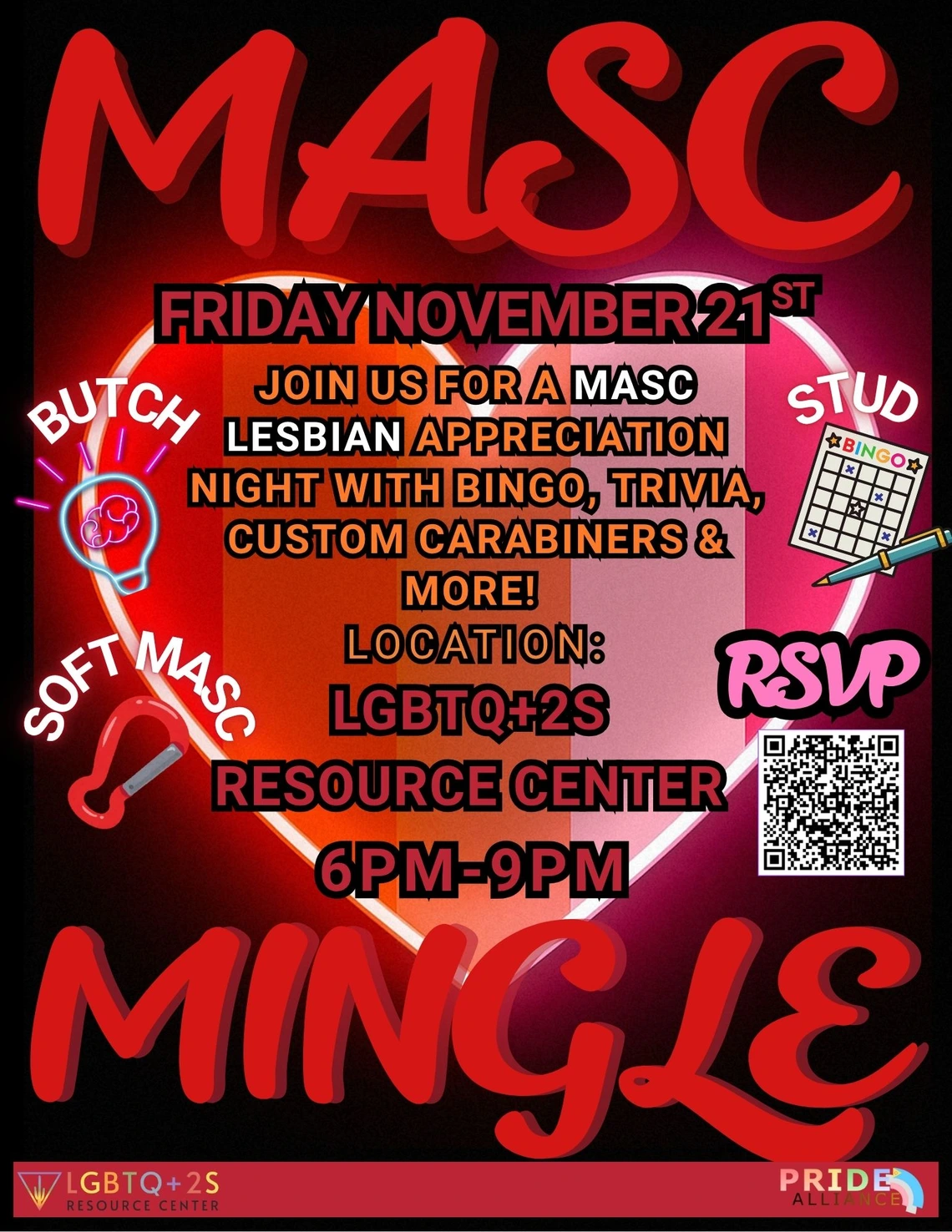 Lesbian flag background with a red heart containing text