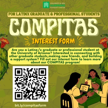 COMPITAS Interest Form Light yellow green background Images of cactus with red flowers on the corners 3 students sitting around a table interacting with each other QR code on the left hand side of flyer