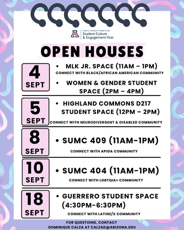 flyer of Open Houses for 6 student spaces with lavender color design.