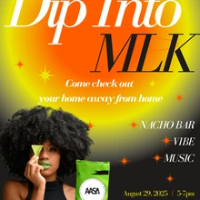 Black background with large bright orange sun with bright yellow haze around it. Black woman with large afro is in the bottom left corner of image. She is wearing a black sleeveless mock turtleneck and neon green lipstick. She is holding a neon green tortilla chip in front of her right eye and a neon green bag of chips in her left hand. The AASA logo is on the bag. There are also small orange stars that dot the image. 