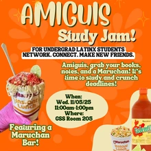 Amiguis Study Jam featuring a maruchan bar! Wednesday November 5th 11am-1pm in Chavez Building 205